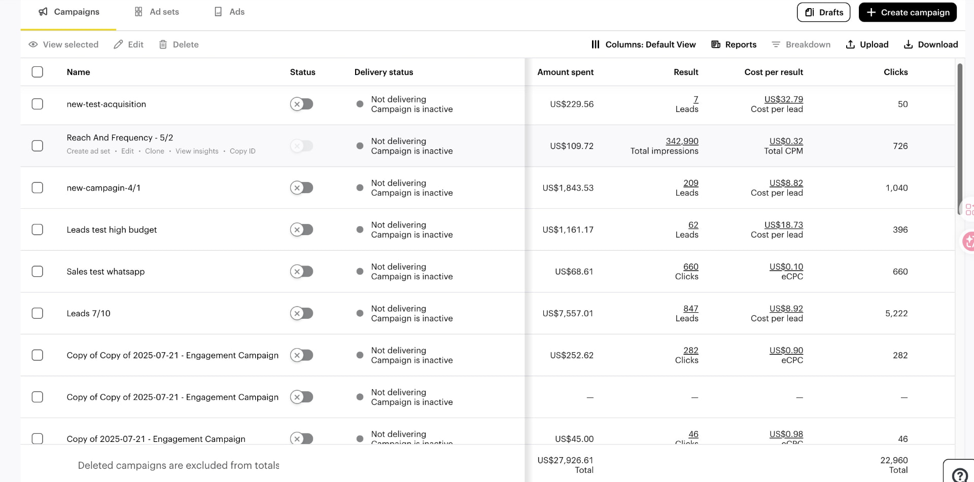 Al-Ahly Snapchat Ads Manager campaigns table showing per-campaign leads and cost per lead, totalling $27,926.61 spend and 22,960 clicks
