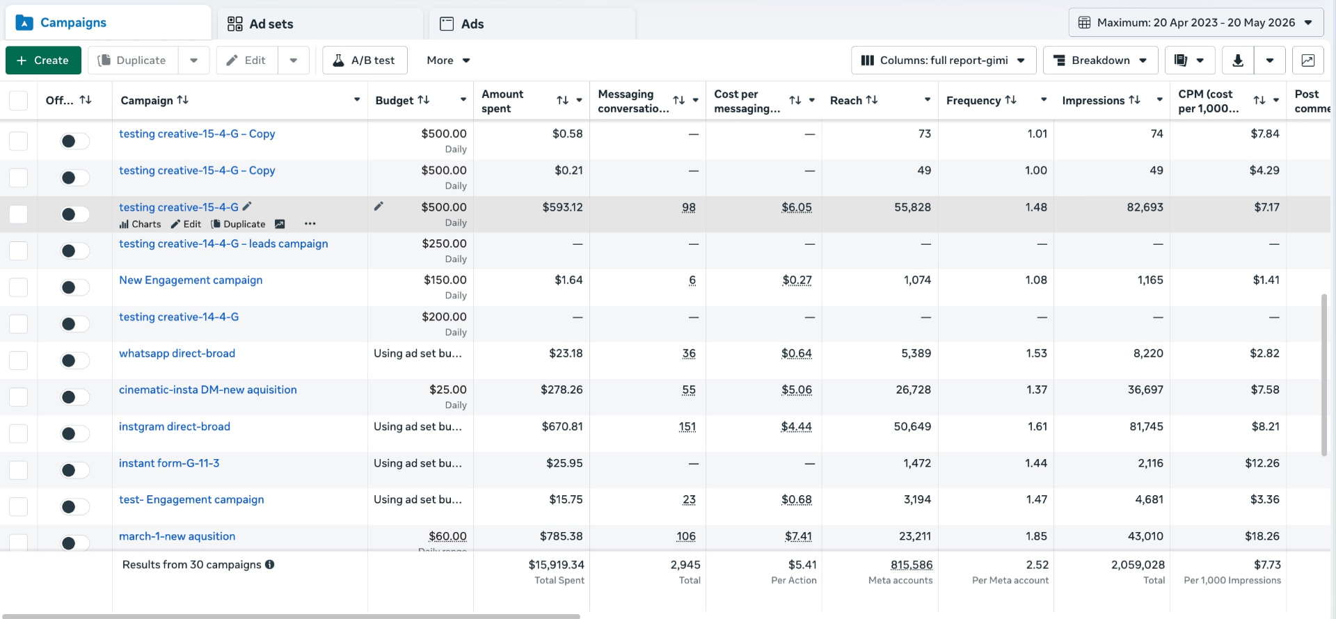 Al-Ahly Meta Ads Manager full campaign history table, continued view