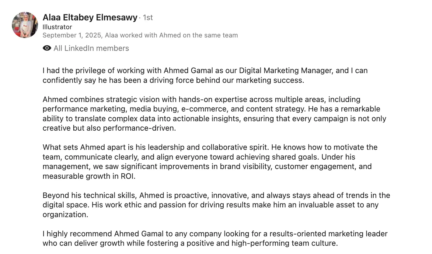 Alaa Eltabey Elmesawy LinkedIn recommendation