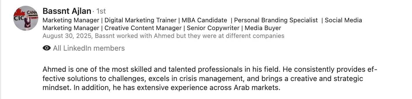 Bassnt Ajlan LinkedIn recommendation