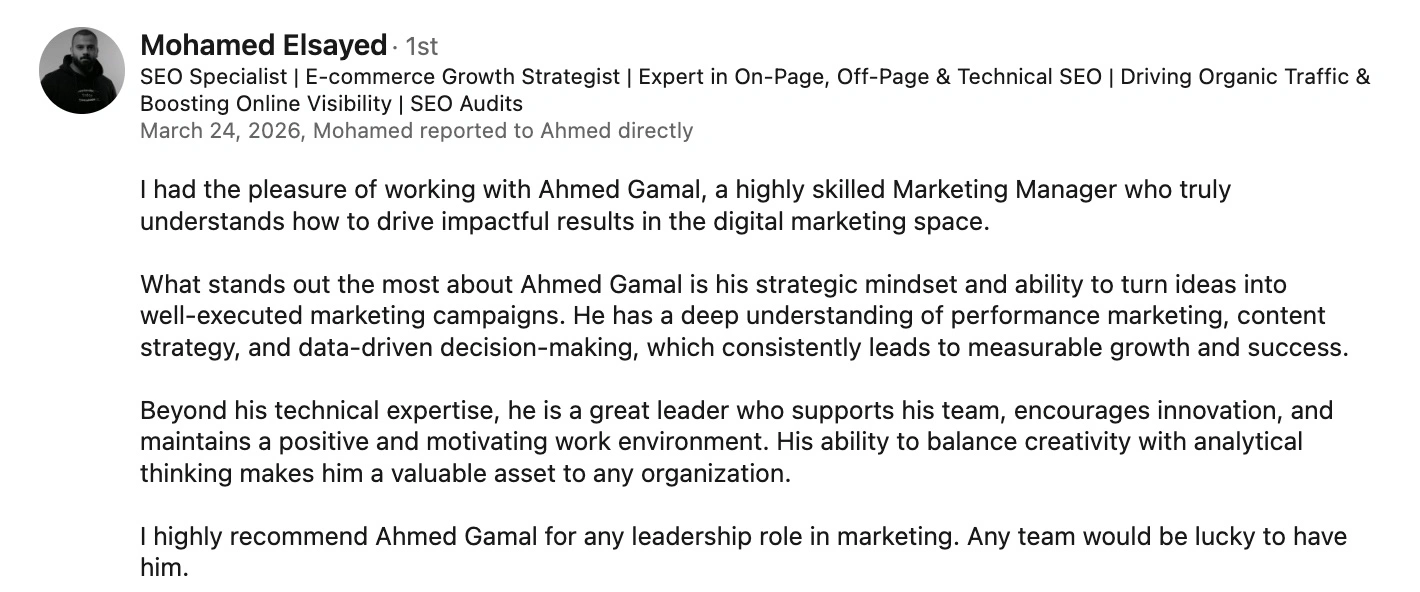 Mohamed Elsayed LinkedIn recommendation