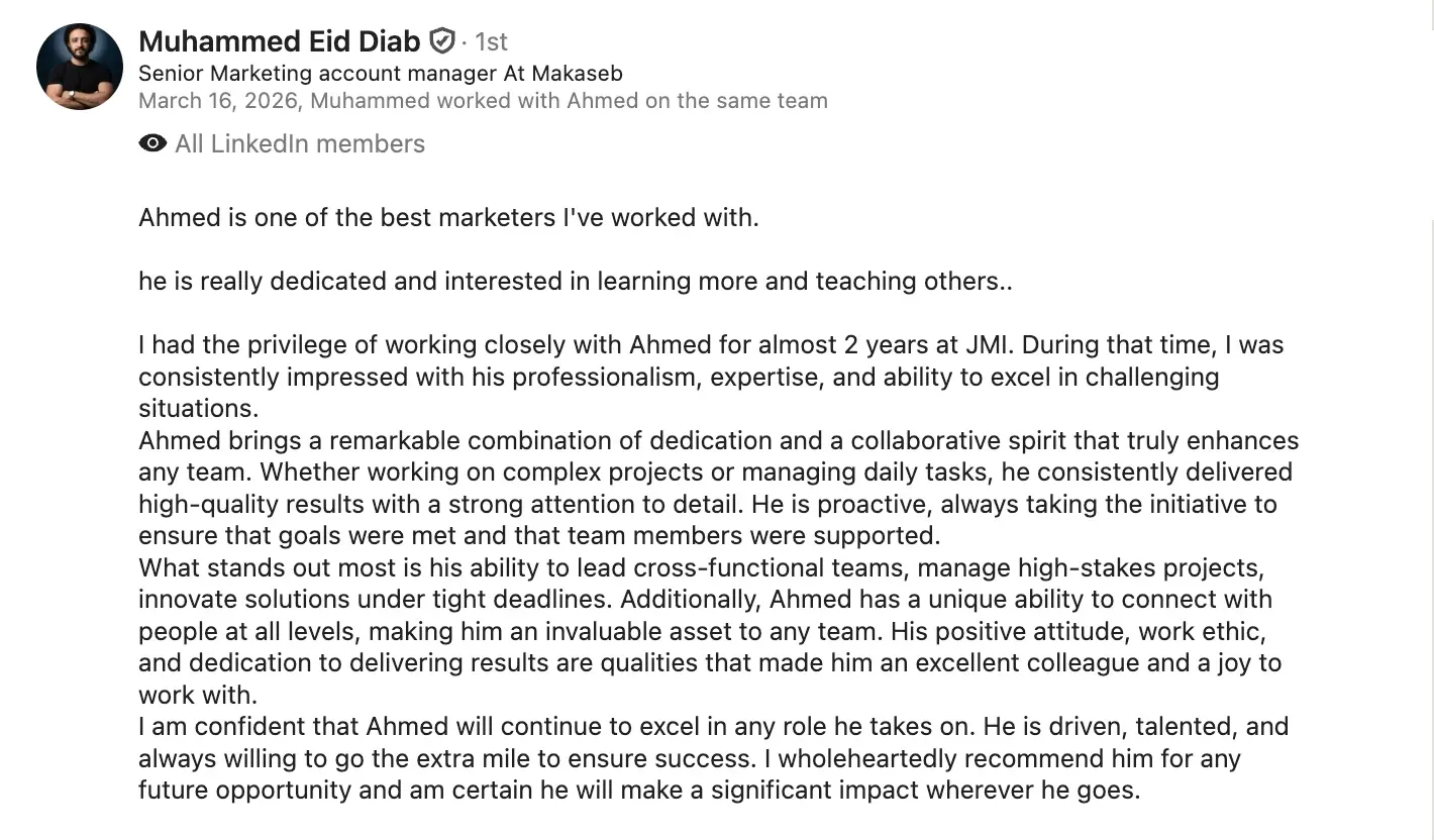 Muhammed Eid Diab LinkedIn recommendation