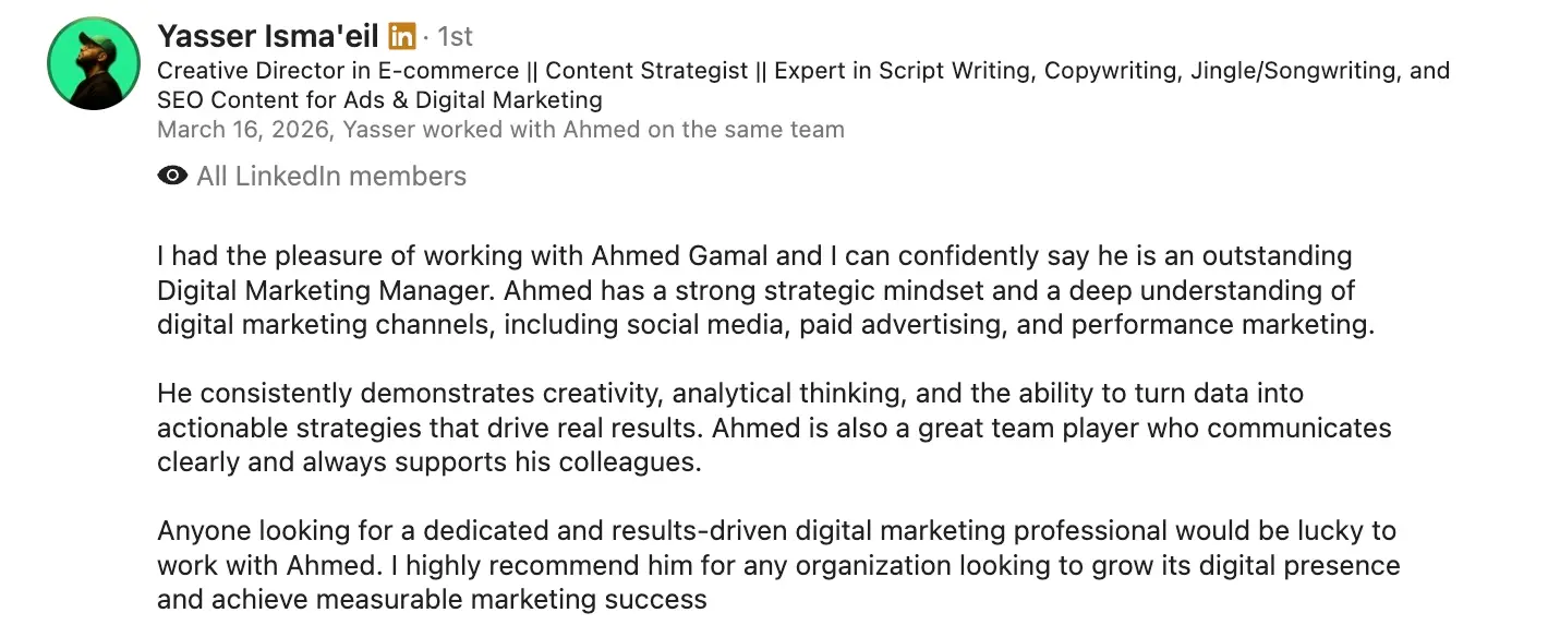 Yasser Isma'eil LinkedIn recommendation