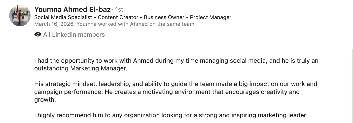Youmna Ahmed El-baz LinkedIn recommendation